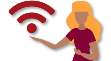 Ilustração contendo o Símbolo do wi-fi do lado esquerda da imagem e do outro lado uma estudante de cabelos compridos e loiros.