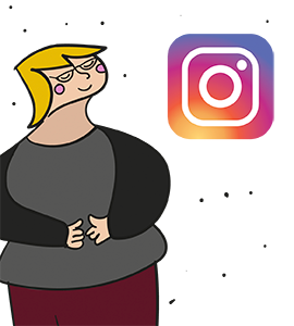 Ilustração de um estudante branco de cabelos cacheados segurando o ícone do Instagram.