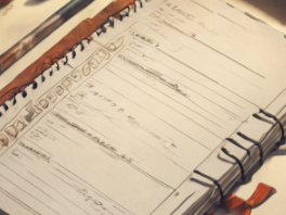 Caderno com anotações e tarefas.