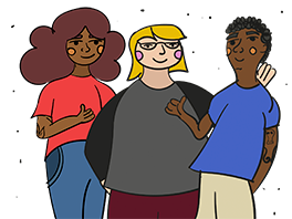 Conjunto de quatro estudantes de braços dados. Da esquerda para direita uma morena de cabelos pretos longos, um branco de cabelo preto, uma negra de cabelo preto curto e um moreno de cabelo preto cacheado.