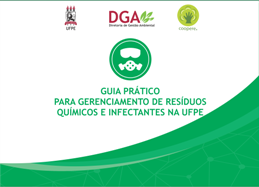 Guia Prático para Gerenciamento de Resíduos Químicos e Infectantes, em tons de verde, com um símbolo de uma máscara com respirador.
