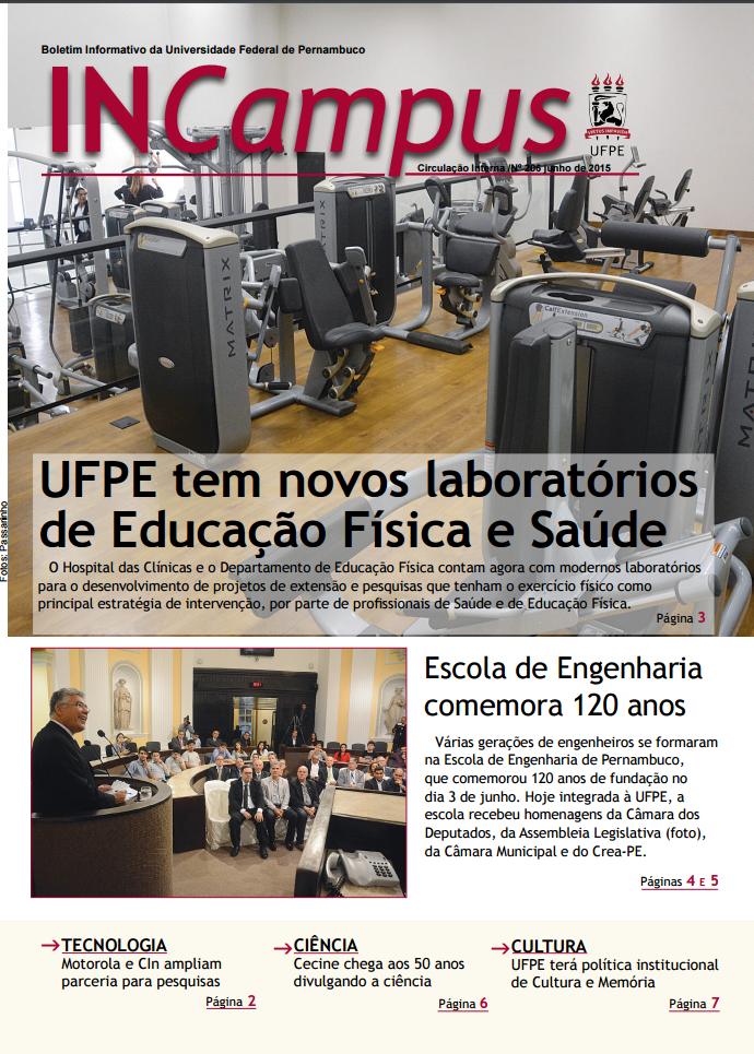 Capa do Informativo INCampus de Junho de 2015 com foto de laboratório de educação física e cerimônia de comemoração dos 120 anos da escola de engenharia.